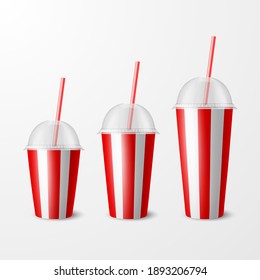 Vector 3d Realistic Red, White Striped Paper Disposable Cup Set with Lid and Straw. Beverage, Drinks, Coffee, Soda, Tea, Cocktail, Milkshake. Design Template of Packaging, Mockup. Front View, Isolated