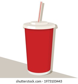 Vector 3d realistic red and white paper disposable cup with drink straw isolated on white background. Coffee, Soda, Tea, Cocktail, Milkshake. Packaging design template for mockup. Foreground