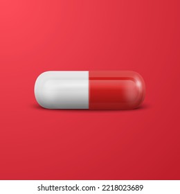 Vector 3d Realistic Red and White Pharmaceutical Medical Pill, Capsule, Tablet on Blue Background. Front View. Copy Space. Medicine, Male Health Concept