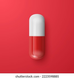 Vector 3d Realistic Red and White Pharmaceutical Medical Pill, Capsule, Tablet on Red Background. Front, Top View. Medicine, Health Concept