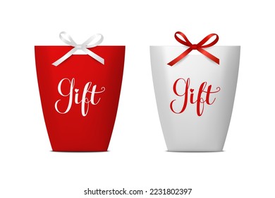 Vector 3d Realistic Red and White Paper Gift Bag, Box for Birthday or Party with Red and White Silk Bow, Ribbon. Carry Bag for Present Icon Set Isolated. Front View