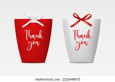 Bolsa de regalo de papel rojo y blanco realista Vector 3d, caja para cumpleaños o partido con arcos de seda rojos y blancos, cinta de opciones. Cargar la bolsa para el conjunto de iconos actual aislado. Vista frontal