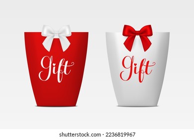 Vector 3d Realistic Red and White Paper Gift Bag, Box for Birthday or Party with Red and White Silk Bow, Ribbon. Carry Bag for Present Icon Set Isolated. Front View