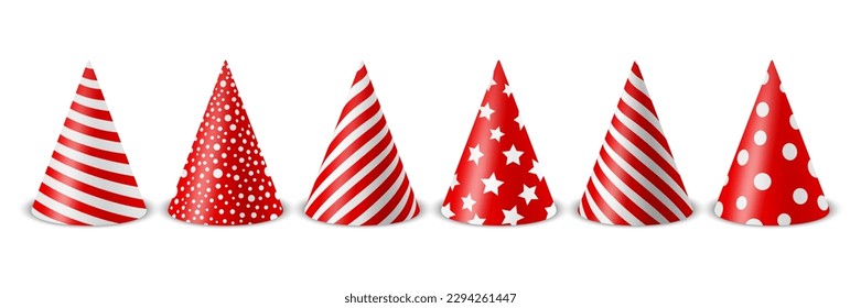 Vector 3d Realistic Red and White Birthday Party Hat Icon Set Isolated on White Background. Party Cap Design Template for Party Banner, Greeting Card. Holiday Hats, Cone Shape, Front View