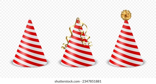 Vector 3d Realistic Red and White Birthday Party Hat Icon Set Isolated on White Background. Party Cap Design Template for Party Banner, Greeting Card. Holiday Hats, Cone Shape, Front View