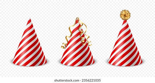 Vector 3d Realistic Red and White Birthday Party Hat Icon Set Isolated on White Background. Party Cap Design Template for Party Banner, Greeting Card. Holiday Hats, Cone Shape, Front View