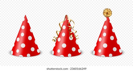 Vector 3d Realistic Red and White Birthday Party Hat Icon Set Isolated on White Background. Party Cap Design Template for Party Banner, Greeting Card. Holiday Hats, Cone Shape, Front View