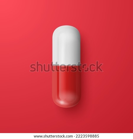 Vector 3d Realistic Red and White Pharmaceutical Medical Pill, Capsule, Tablet on Red Background. Front, Top View. Medicine, Health Concept