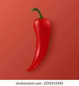 Vector 3d Realista Red Whole Pepper Closeup Aislado en Fondo Rojo. Plantilla de diseño de pimienta caliente fresca para chile. Vista superior. Ilustración vectorial