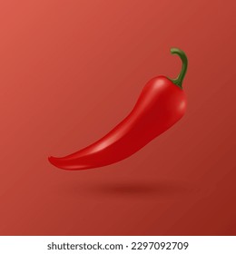 Vector 3d Todo Rojo Realista Volando Fresco y Caluroso Cierre de Pepper Chili Aislado en Fondo Rojo. Spicy Chili Hot Pepper Design Template. Vista frontal. Ilustración vectorial