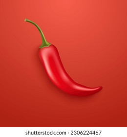 Vector 3d Realistic Red Whole Fresh and Hot Chili Pepper Closeup Isolated on Red Background. Spicy Chili Hot Pepper Design Template. Front View. Vector Illustration