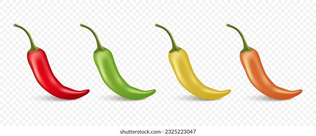 Vector 3d Realistic Red Whole Fresh and Hot Chili Pepper Closeup Isolated on White Background. Spicy Chili Hot or Bell Pepper Design Template. Front View. Vector Illustration