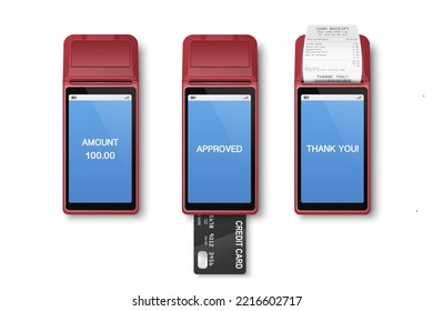 Vector 3d Realistic Red Wi-Fi Payment Machine, Credit Card, Receipt. POS Terminal Isolated. Design Template, Bank Payment Terminal, Mockup. Processing NFC Payments Device. Top View