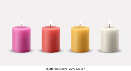 Vector 3d Realistic Red, Yellow, Pink, White Paraffin Wax Burning Party, Spa Candle with Flame of a Candle Icon Set Isolated. Design Template, Front View