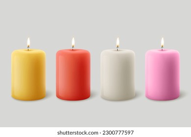Vector 3d Realista Rojo, Amarillo, Rosa, Partido Quemador de Cera de Parafina Blanca, Vela Spa con Llama de un conjunto de ícono de Velas Aisladas. Plantilla de diseño, vista frontal