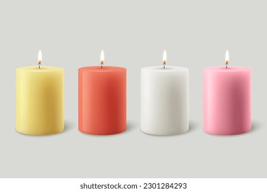 Vector 3d Realistic Red, Yellow, Pink, White Paraffin Wax Burning Party, Spa Candle with Flame of a Candle Icon Set Isolated. Design Template, Front View