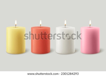 Vector 3d Realistic Red, Yellow, Pink, White Paraffin Wax Burning Party, Spa Candle with Flame of a Candle Icon Set Isolated. Design Template, Front View