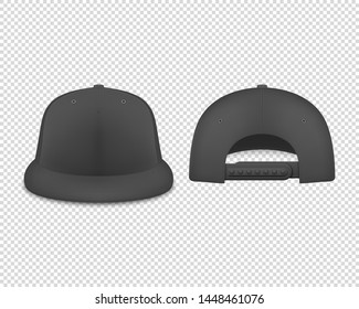 Vector 3d Realistic Render Black Blank Baseball Snapback Cap Icon Set Closeup Isolated on Transparent Background. Design Template for Mock-up, Branding, Advertise. Front and Back View