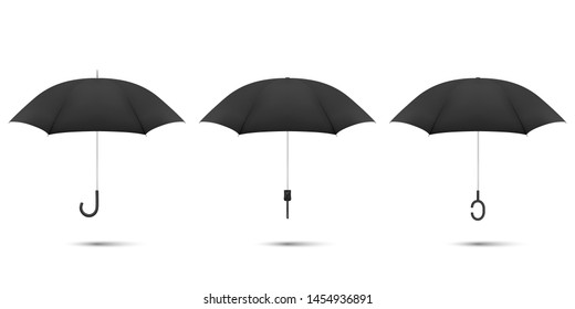 Vector 3d Realistic Render Black Blank Umbrella Icon Set Closeup Isolated on White Background. Design Template of Opened Parasols for Mock-up, Branding, Advertise etc. Top and Front View