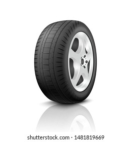 Vector 3d Realistic Render Car Wheel Icon Closeup Isolated on White Background. Design Template of New Tires with Alloy Rims Front and Side View