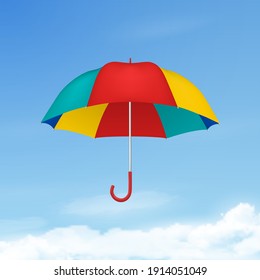 Vector 3d Realistic Render Multicolot Blank Umbrella on Blue Sky Background. Design Template of Opened Parasol for Mock-up, Branding, Advertise etc. Freedom, Weather Concept. Front View