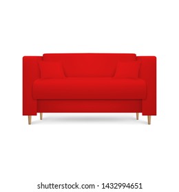 Vector 3d Realistic Render Red Leather Luxury Office Sofa, Couch with Pillows in Simple Modern Style for Interior Design, Living Room, Reception or Lounge. Closeup Isolated on White Background