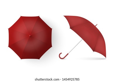 Vector 3d Realistic Render Red Blank Umbrella Icon Set Closeup Isolated on White Background. Design Template of Opened Parasols for Mock-up, Branding, Advertise etc. Top and Front View