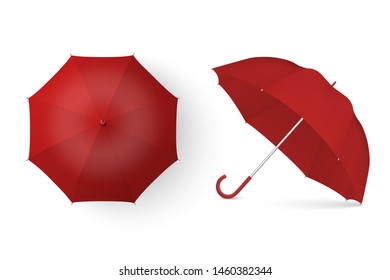 Vector 3d Realistic Render Red Blank Umbrella Icon Set Closeup Isolated on White Background. Design Template of Opened Parasols for Mock-up, Branding, Advertise etc. Top and Front View