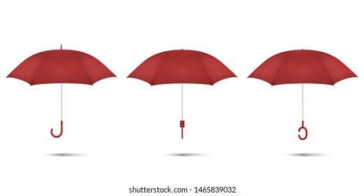 Vector 3d Realistic Render Red Blank Umbrella Icon Set Closeup Isolated on White Background. Design Template of Opened Parasols for Mock-up, Branding, Advertise etc. Top and Front View
