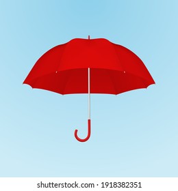 Vector 3d Realistic Render Red Blank Umbrella on Blue Background. Design Template of Opened Parasol for Mock-up, Branding, Advertise etc. Freedom, Weather Concept. Front View