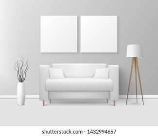 Vector 3d Realistic Render White Sofa, Couch with Pillows in Simple Style in Modern Room - Apartment, Salon, Art Gallery, Living Room, Reception, Lounge or Office Interior. White Posters On the Wall