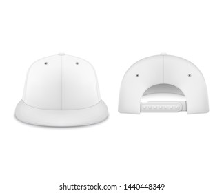 Vector 3d Realistic Render White Blank Baseball Cap Icon Set Closeup Isolated on White Background. Design Template for Mock-up, Branding, Advertise. Front and Back View