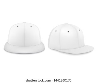 Vector 3d Realistic Render White Blank Baseball Snapback Cap Icon Set Closeup Isolated on White Background. Design Template for Mock-up, Branding, Advertise. Front and Side View