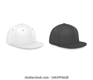 Vector 3d Realistic Render White and Black Blank Baseball Cap Icon Set Closeup Isolated on White Background. Design Template for Mock-up, Branding, Advertise. Side View