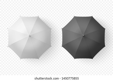 Vector 3d Realistic Render White and Black Blank Umbrella Icon Set Closeup Isolated on Transparent Background. Design Template of Opened Parasols for Mock-up, Branding, Advertise etc. Top View