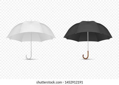 Vector 3d Realistic Render White and Black Blank Umbrella Icon Set Closeup Isolated on Transparent Background. Design Template of Opened Parasols for Mock-up, Branding, Advertise etc. Front View