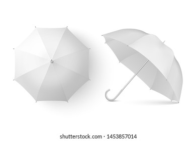 Вектор 3d реалистичный рендер белый пустой зонтик набор иконок крупным планом изолирован на белом фоне. Шаблон дизайна открытых зонтов для макета, брендинга, рекламы и т. д. вид сверху и спереди