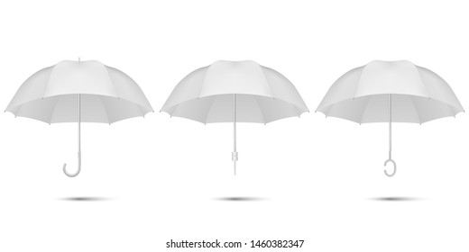 Vector 3d Realistic Render White Blank Umbrella Icon Set Closeup Isolated on White Background. Design Template of Opened Parasols for Mock-up, Branding, Advertise etc. Top and Front View