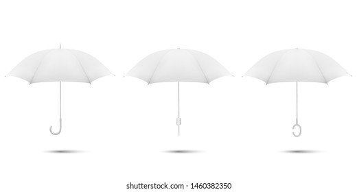 Vector 3d Realistic Render White Blank Umbrella Icon Set Closeup Isolated on White Background. Design Template of Opened Parasols for Mock-up, Branding, Advertise etc. Top and Front View