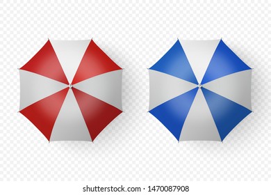 Vector 3d Realistic Render White, Red, Blue Strip Blank Umbrella Icon Set Closeup Isolated on Transparent Background. Design Template of Opened Parasols for Mock-up, Branding, Advertise etc. Top View