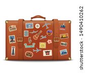 Vector 3d Realistic Retro Leather Brown Threadbare Suitcase With Travel Stickers, Metal Corners and Belts Icon Closeup Isolated on White Background. Vacation Concept. Vintage Trip Bag. Front View