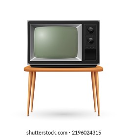 Receptor de TV Retro Realista Vector 3d en un soporte de mesa de madera cerrado aislado en blanco. Televisión de época. Televisión, vista frontal