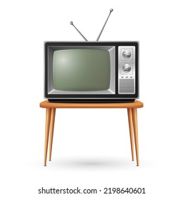 Vector 3d Realistic Retro TV Receiver on a Wooden Table Stand Closeup Isolated on White. Vintage TV Set. Television, Front View