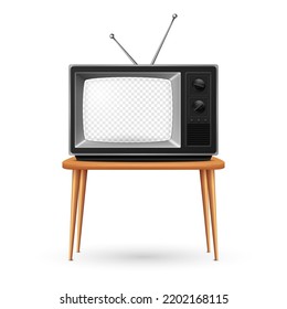 Vector 3d Realistic Retro TV Receiver on a Wooden Table Stand Closeup Isolated on White. Vintage TV Set with Transparent Screen. Television, Front View