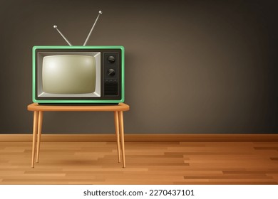 Vector 3d Realistic Retro TV Receiver on Wooden Floor. Home Interior Design Concept. Vintage TV Set, Television, Front View
