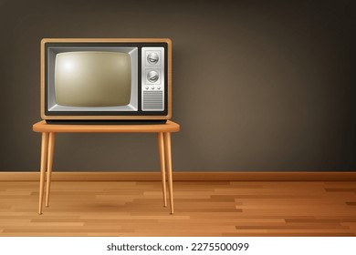 Vector 3d Realistic Retro TV Receiver on Wooden Floor. Home Interior Design Concept. Vintage TV Set, Television, Front View