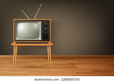 Vector 3d Realistic Retro TV Receiver on Wooden Floor. Home Interior Design Concept. Vintage TV Set, Television, Front View
