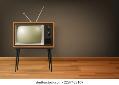 Vector 3d Realistic Retro TV Receiver on Wooden Floor. Home Interior Design Concept. Vintage TV Set, Television, Front View