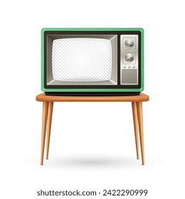 Vector 3d Realistic Retro TV Set Isolated. Home Interior Design Concept with Vintage Television Set in Front View. Classic Retro TV Receiver. Nostalgia, Vintage Electronics, Television Concept