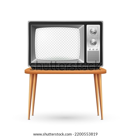 Vector 3d Realistic Retro TV Receiver on a Wooden Table Stand Closeup Isolated on White. Vintage TV Set with Transparent Screen. Television, Front View
